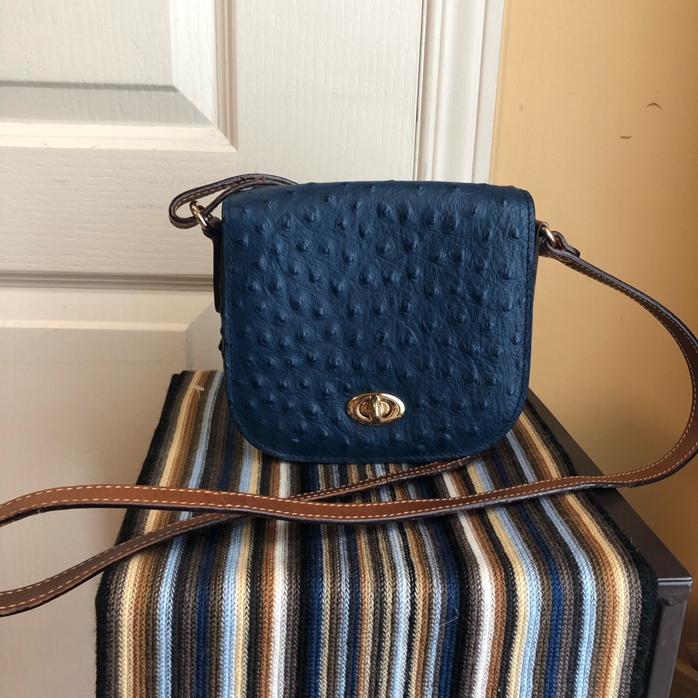 Navy Ostrich-Texture Crossbody Bag with Brown Strap
